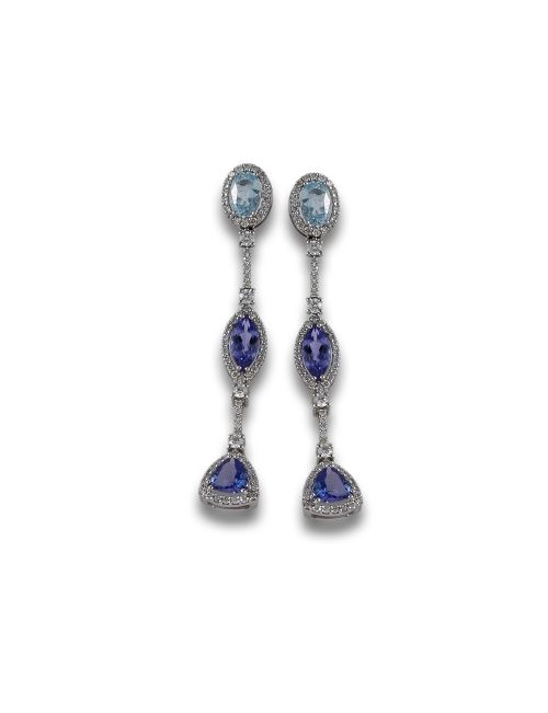 LONG GOLD EARRINGS WITH AQUAMARINE, TANZANITE AND DIAMONDS