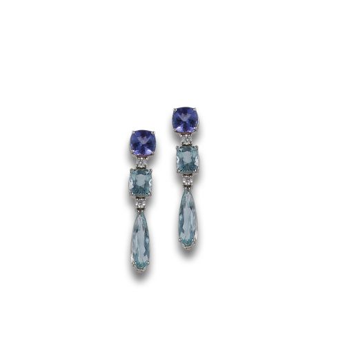 LONG GOLD EARRINGS WITH AQUAMARINE, TANZANITE AND DIAMONDS