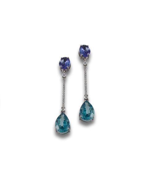 LONG GOLD EARRINGS WITH TANZANITE, ZIRCON AND DIAMONDS