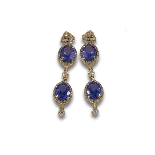 LONG GOLD EARRINGS WITH TANZANITES AND DIAMONDS