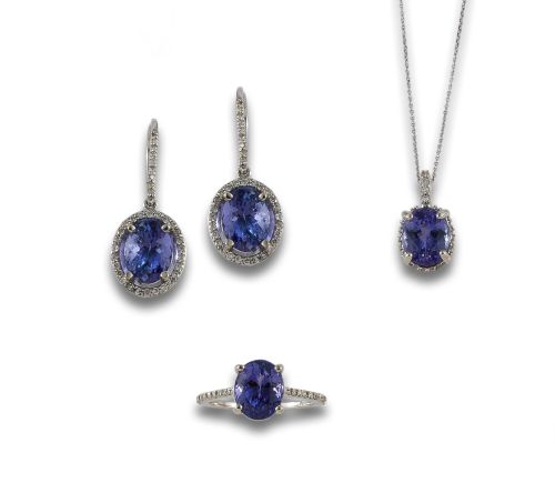 CONJUNTO COLLAR, SORTIJA Y PENDIENTES DE ORO TANZANITAS Y D