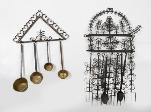 Triangular iron stand with four copper ladles, 19th-20th ce