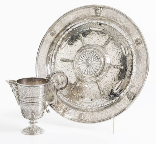 Set of jug and saucer, in Spanish silver following antique