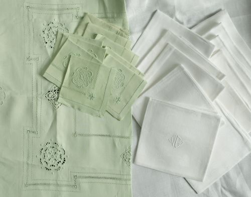 Green embroidered tablecloth and napkins