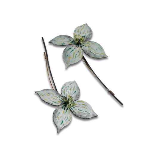 TWO PINS FLOWER OF LIGHT PATH IN SILVER, PERIDOTS AND ENAME