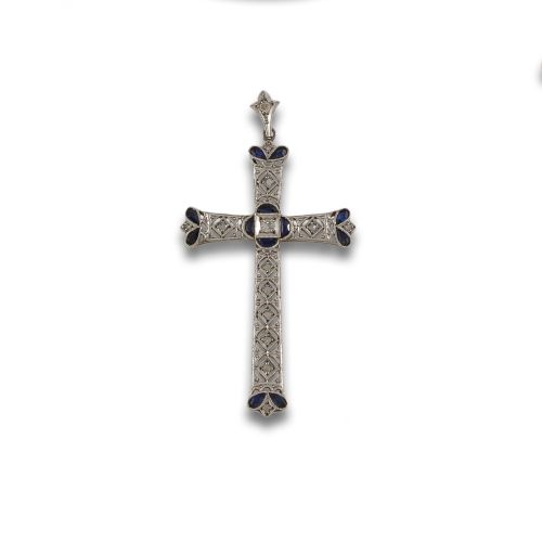 CRUZ DE ORO Y PLATINO CON DIAMANTES Y ZAFIROS