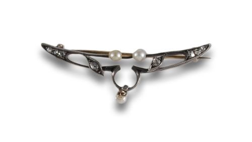 ALFILER ANTIGUO DE ORO Y PLATA CON PERLAS Y DIAMANTES