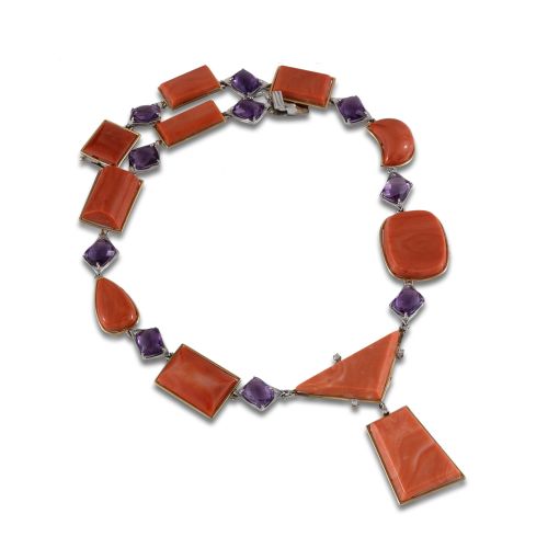 GOLD NECKLACE WITH CORALS AND AMETHYSTS