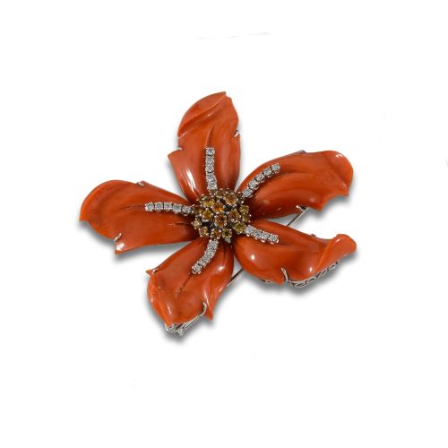 GOLD FLOWER BROOCH WITH CORAL, FANTASY SAPPHIRES AND DIAMON
