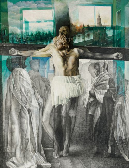ROLANDO  CAMPOS, "Crucifixión", Técnica mixta sobre tabla