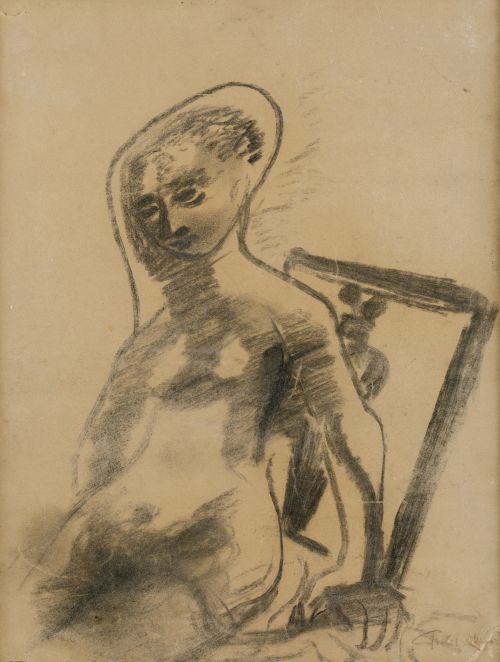 GREGORIO DEL OLMO, "Mujer sentada", Grafito sobre papel