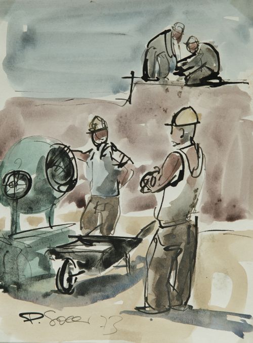 PEDRO SOLER VALERO, "Albañiles", Tintas y aguada sobre pape
