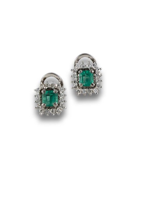 PENDIENTES DE ORO BLANCO CON ESMERALDA Y DIAMANTES