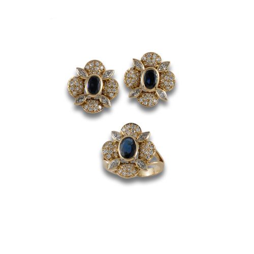 GOLD EARRING AND RING SET WITH SAPPHIRES AND DIAMONDS