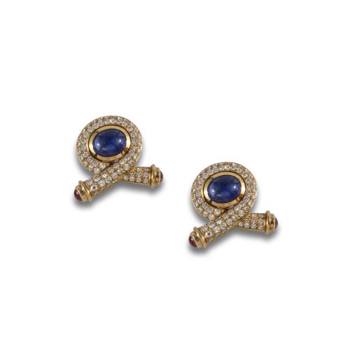 GOLD, SAPPHIRE, RUBIE AND DIAMOND EARRINGS.