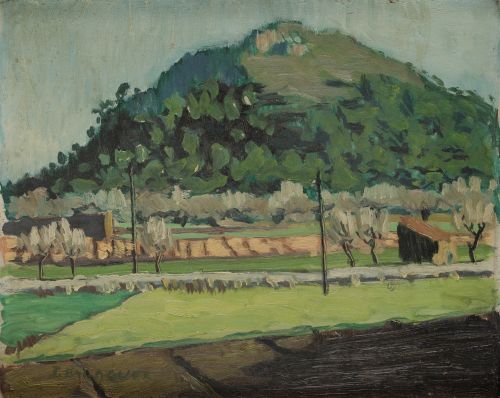 ESCUELA CATALANA, "Paisaje", Óleo sobre cartón