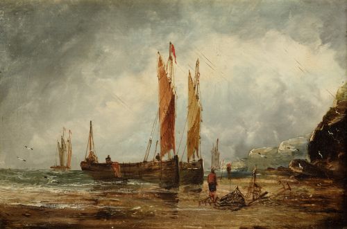 ESCUELA HOLANDESA, "Barcas y pescadores en la costa", Óleo