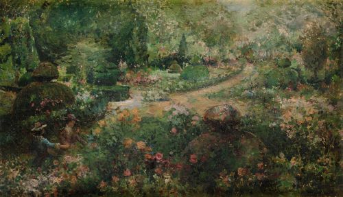 ESCUELA ESPAÑOLA, "Personajes en un parque", Óleo sobre tab