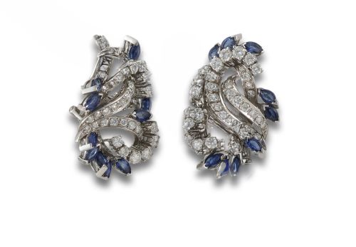 PENDIENTES DE ORO BLANCO CON BRILLANTES Y ZAFIROS