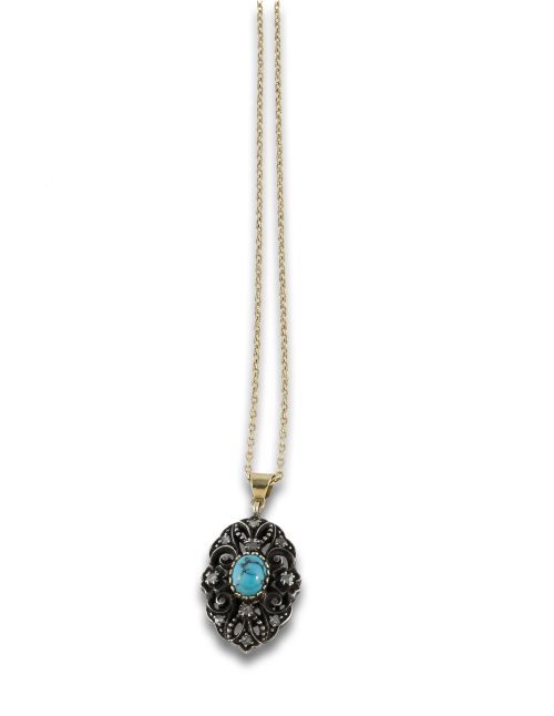 CADENA Y COLGANTE DE ORO Y PLATA CON TURQUESA Y DIAMANTES