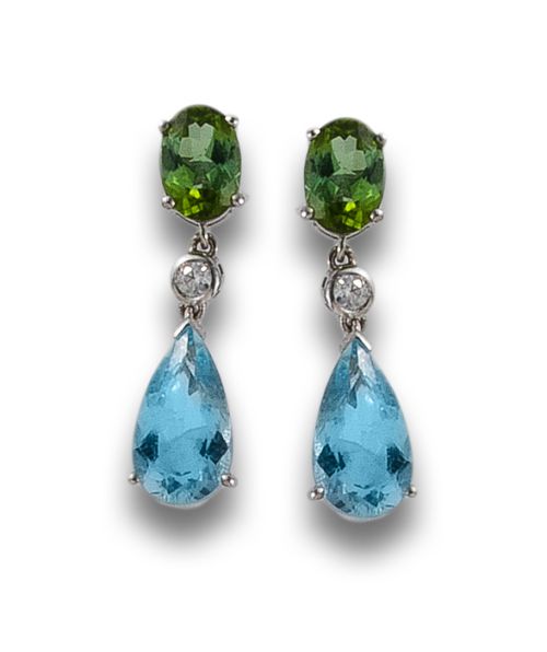 PENDIENTES DE ORO, TURMALINAS, AGUAMARINAS Y DIAMANTES