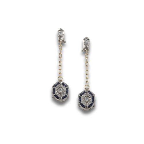 PENDIENTES LARGOS ESTILO ART DECO DE DIAMANTES Y ZAFIROS