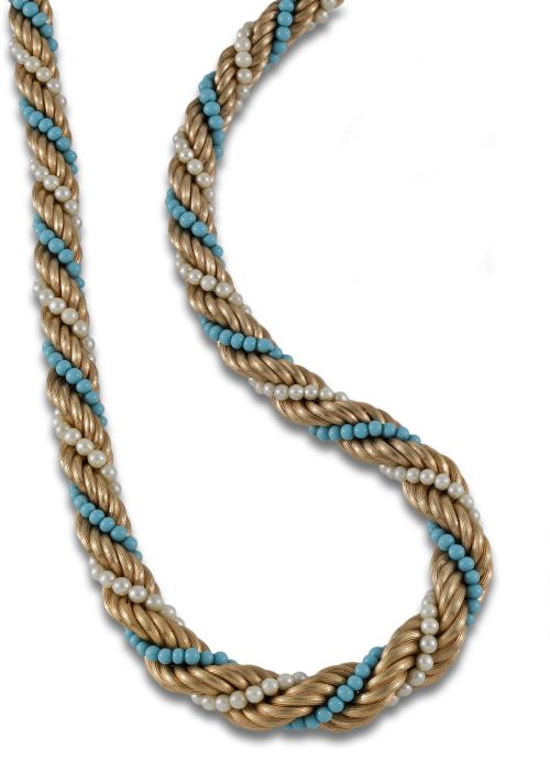 COLLAR CORDÓN DE ORO TURQUESAS Y PERLAS