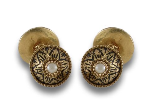 GEMELOS DE ORO CON PERLA Y ESMALTE NEGRO