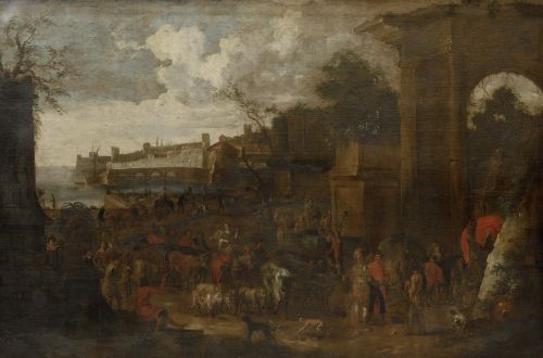 JAN BAPTIST VAN DER MEIREN, "Paisaje con mercado junto a un