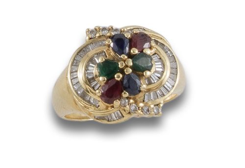 SOTTIJA DE ORO CON ZAFIROS, RUBIES, ESMERALDAS Y DIAMANTES