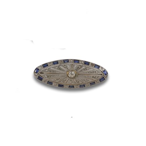 BROCHE ART DECO ORO Y PLATINO CON ZAFIROS Y DIAMANTES