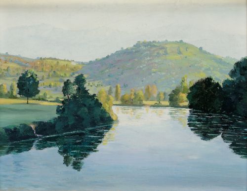 ESCUELA ESPAÑOLA S. XX, "Paisaje con río", Óleo sobre cartó