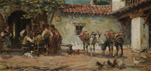ESCUELA ESPAÑOLA S. XX, "Patio andaluz", Óleo sobre tabla