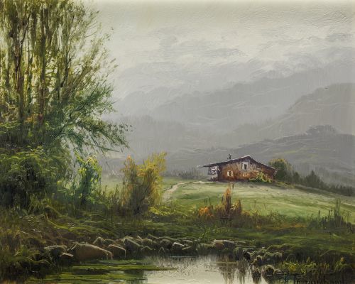 ESCUELA ESPAÑOLA S. XX, "Pastor con lago", Óleo sobre table