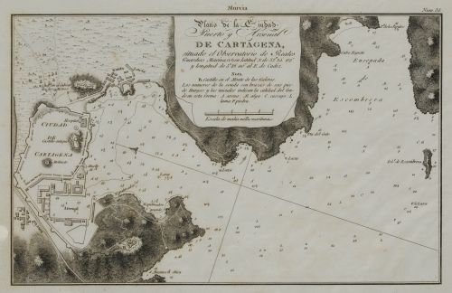 FELIPE BAUZÁ Y CAÑAS, "Cartagena. Carta náutica", Grabado a