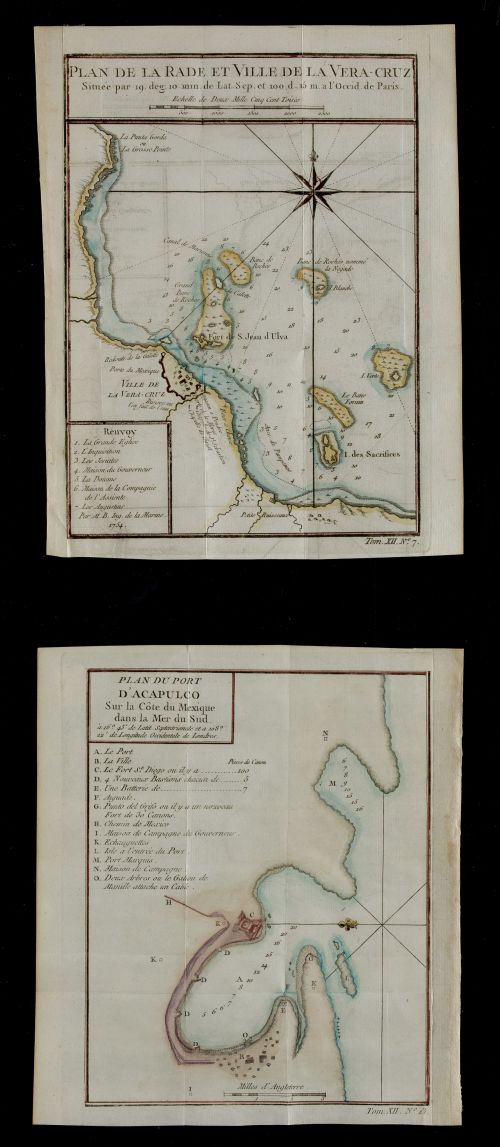 JACQUES NICOLAS BELLIN, "México", Dos grabados coloreados a
