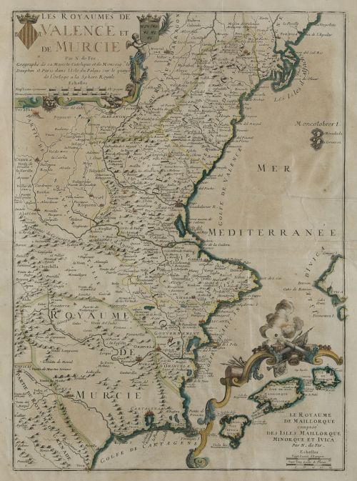 NICOLAS DE FER, "Mapa de Valencia y Murcia", Grabado. Color