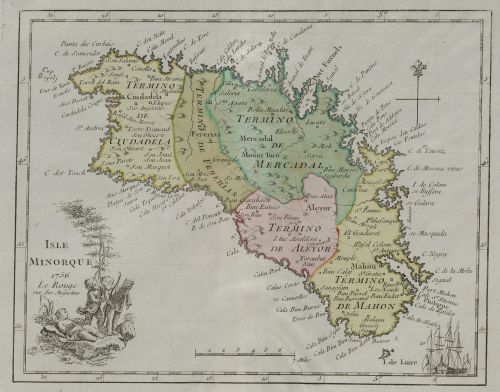 GEORGE LOUIS LE ROUGE, "Mapa de Menorca", Grabado. Color