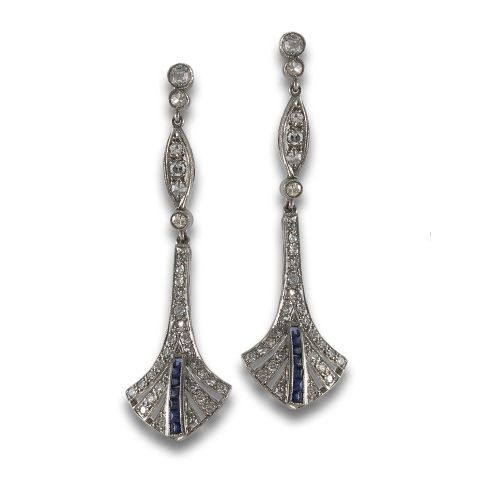 PENDIENTES LARGOS ESTILO ART DECO CON DIAMANTES Y ZAFIROS