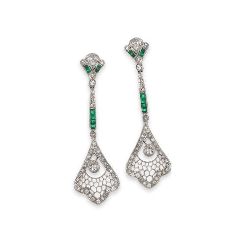PENDIENTES DE PLATINO CON DIAMANTES Y ESMERALDAS