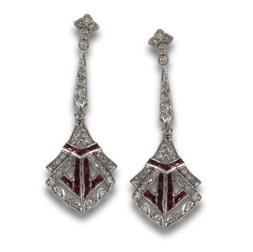 PENDIENTES PLATINO ESTILO ART DECO CON DIAMANTES Y RUBIES
