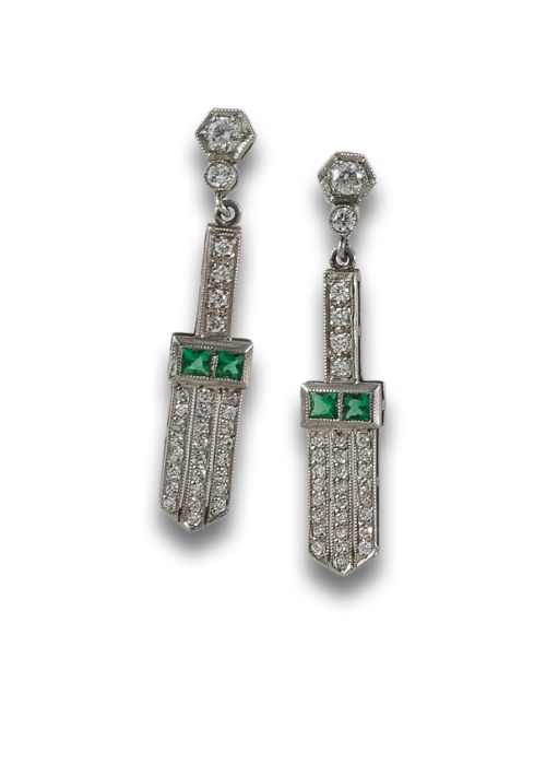 PENDIENTES DE PLATINO ESTILO ART DECO CON DIAMANTES Y ESMER