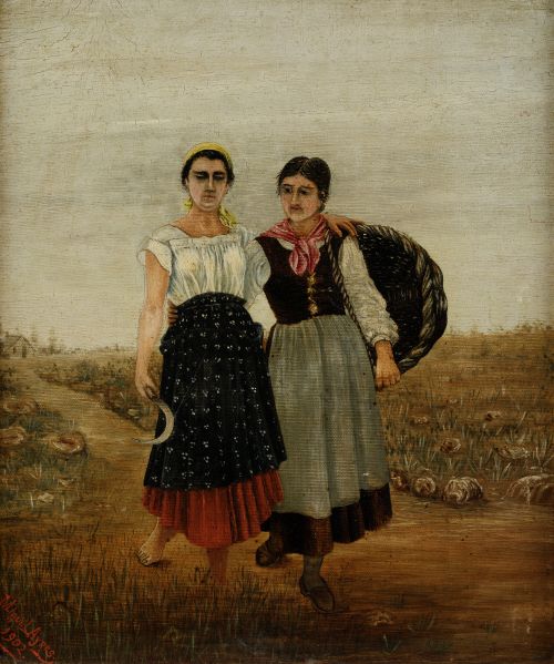 ESCUELA ESPAÑOLA, "Mujeres", 1902, Óleo sobre lienzo adheri