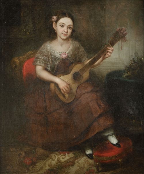 JOSE MARIA ROMERO LOPEZ, "Niña con guitarra", Óleo sobre li
