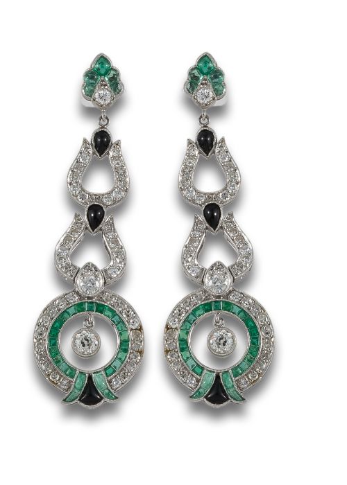 PENDIENTES ESTILO ART DECO CON ESMERALDAS, ONIX Y DIAMANTES