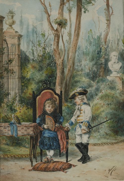 ESCUELA ESPAÑOLA, "Un cortejo infantil", 1879, Acuarela sob