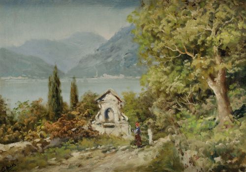 ANÓNIMO, "Paisaje con lago", Óleo sobre lienzo