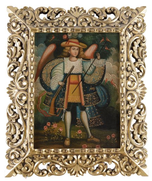 ESCUELA CUZQUEÑA, "Ángel arcabucero", Óleo sobre lienzo