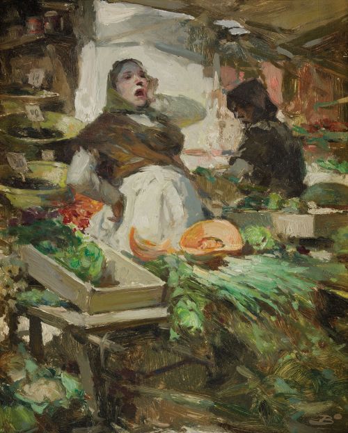 JOSÉ BARDASANO Y BAOS, “Escena de mercado", Óleo sobre tabl
