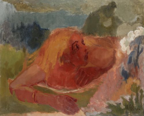 MARIANO  PELAEZ LANGA, "Mujer sorprendida", Óleo sobre lien